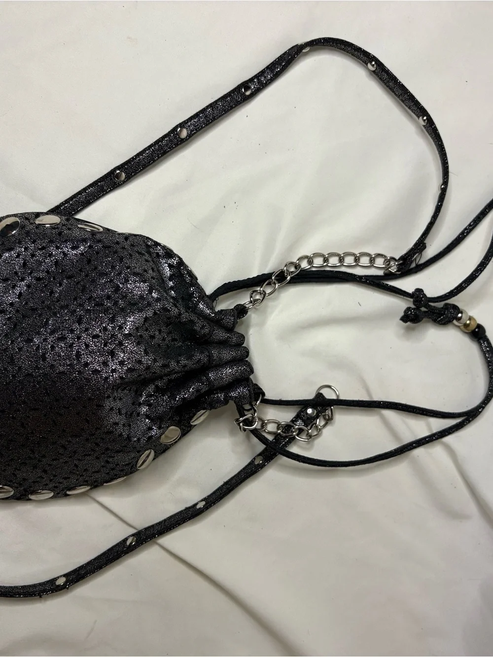 Candies Black and Silver Women's Drawstring Crossbody Bag Long Spaghetti Strap